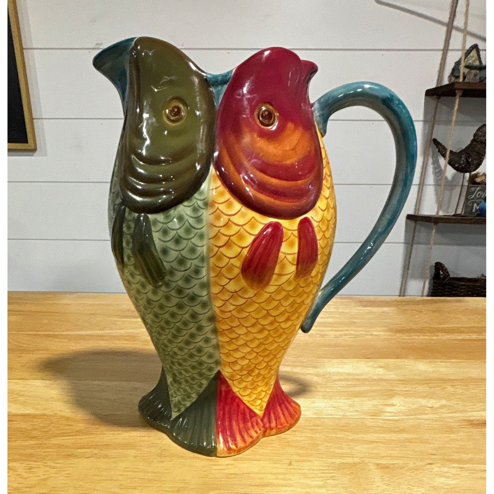 Department 56 Fish Pattern Ceramic Pitcher w/ Handle 60 oz Dishwasher Safe